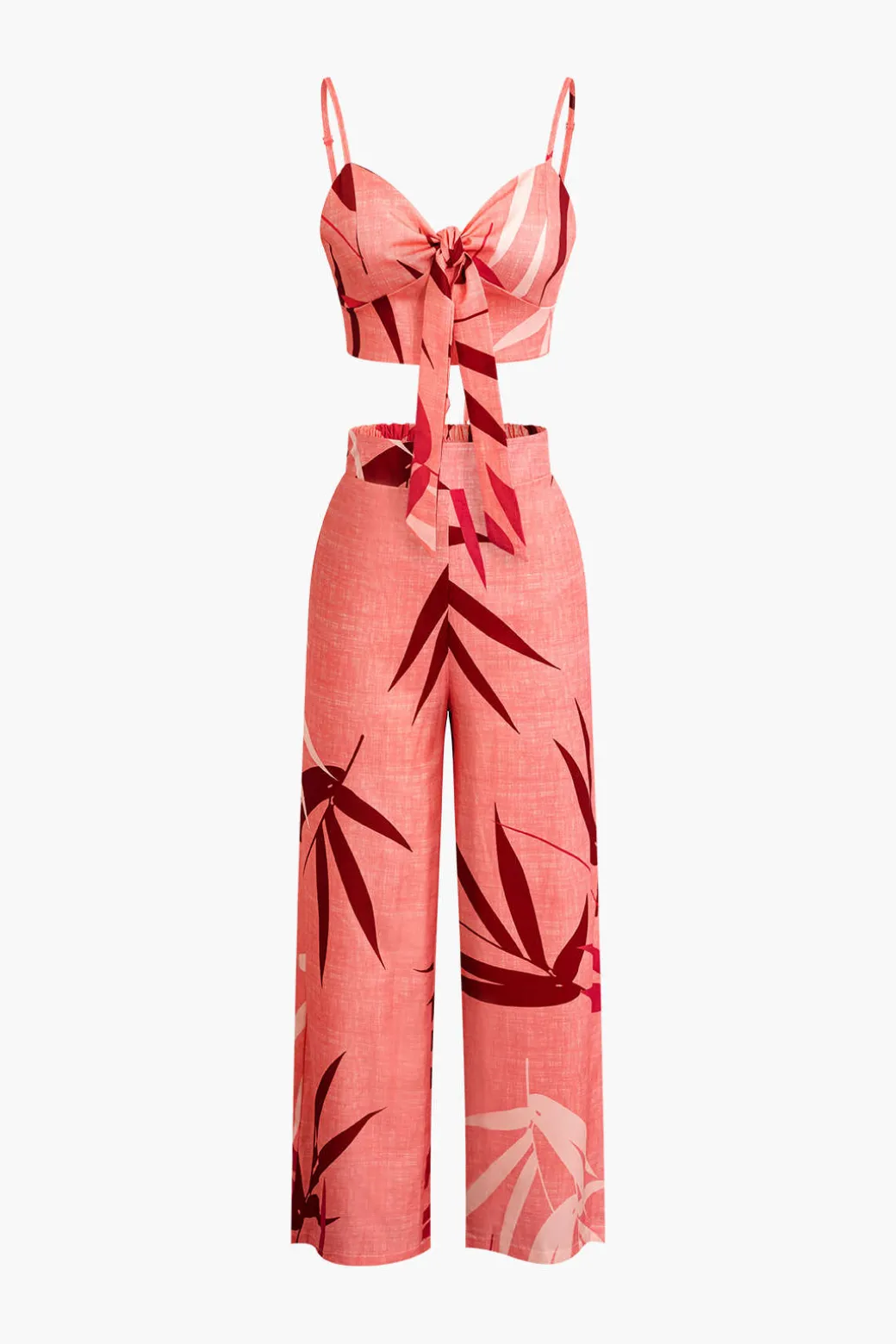 Bamboo Leaf Print Knot Cami Top And Pants Set