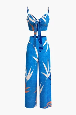Bamboo Leaf Print Knot Cami Top And Pants Set