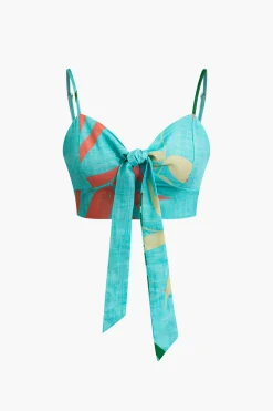 Bamboo Leaf Print Knot Cami Top And Pants Set