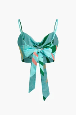 Bamboo Leaf Print Knot Cami Top And Pants Set