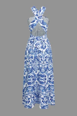 Baroque Print Cross Cut Out Maxi Dress