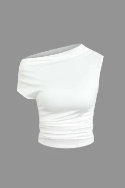 Basic Asymmetrical Ruched Crop Top And Tie Mini Skirt Set