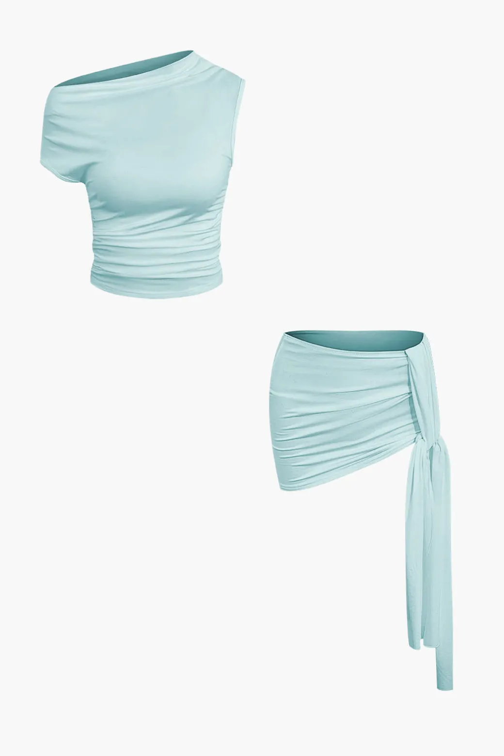 Basic Asymmetrical Ruched Crop Top And Tie Mini Skirt Set