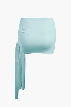 Basic Asymmetrical Ruched Crop Top And Tie Mini Skirt Set