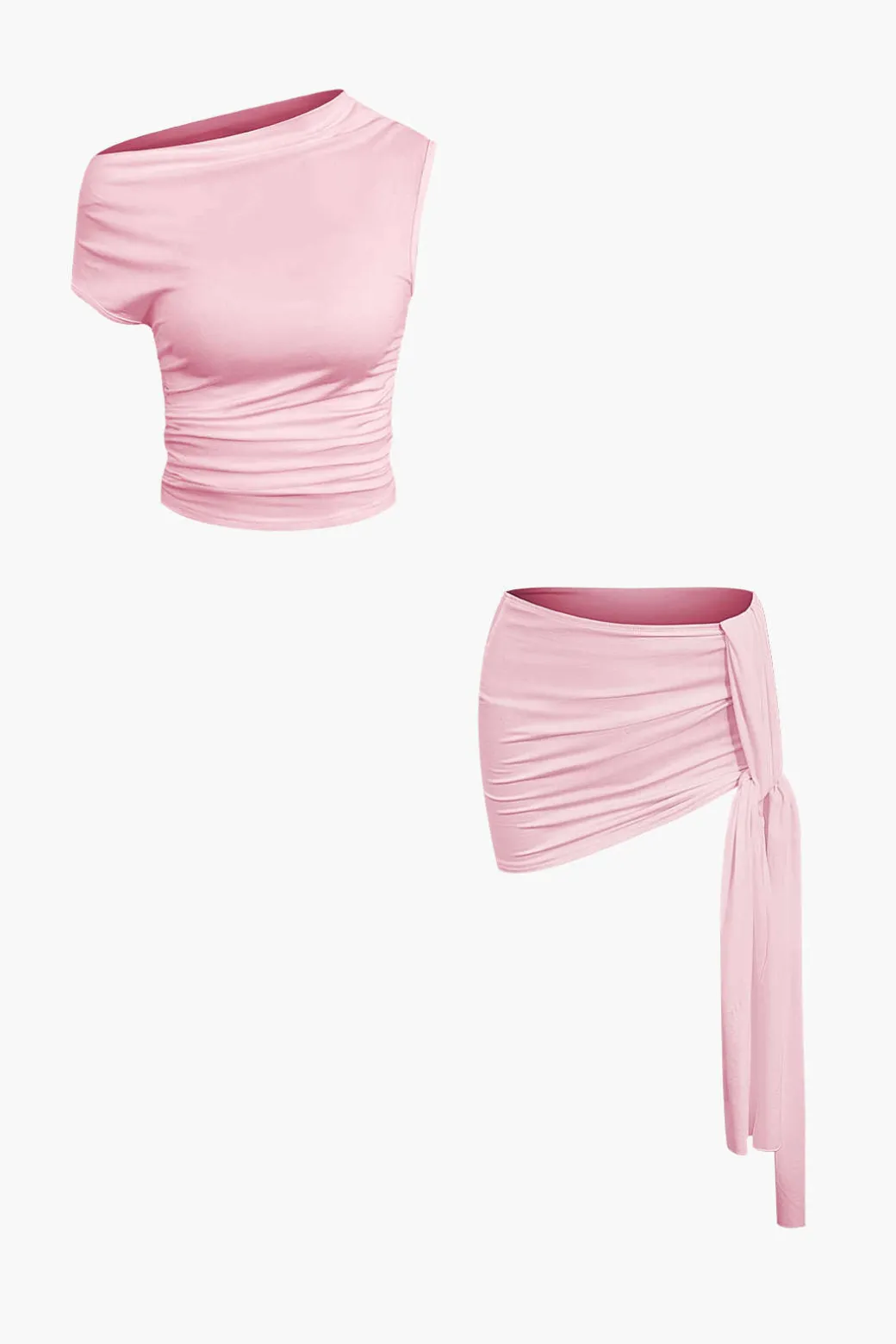 Basic Asymmetrical Ruched Crop Top And Tie Mini Skirt Set