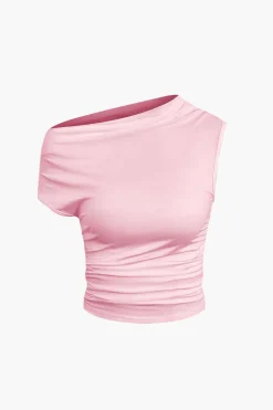 Basic Asymmetrical Ruched Crop Top And Tie Mini Skirt Set