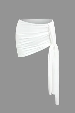 Basic Asymmetrical Ruched Crop Top And Tie Mini Skirt Set