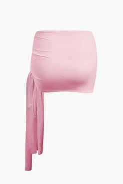 Basic Asymmetrical Ruched Crop Top And Tie Mini Skirt Set