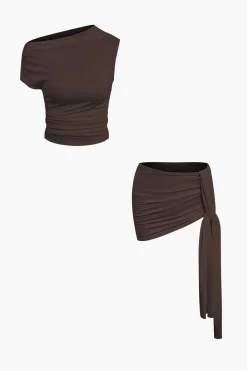 Basic Asymmetrical Ruched Crop Top And Tie Mini Skirt Set