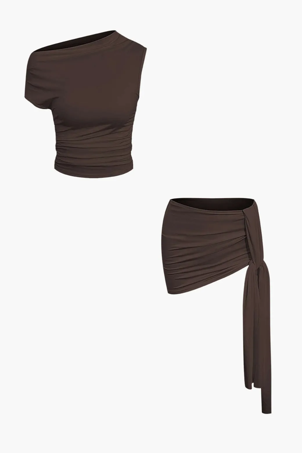 Basic Asymmetrical Ruched Crop Top And Tie Mini Skirt Set