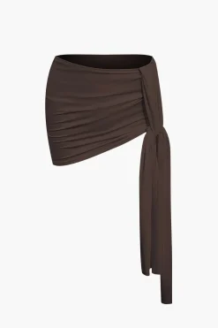 Basic Asymmetrical Ruched Crop Top And Tie Mini Skirt Set