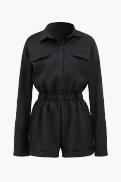 Basic Button-Front Pocket Long Sleeve Romper
