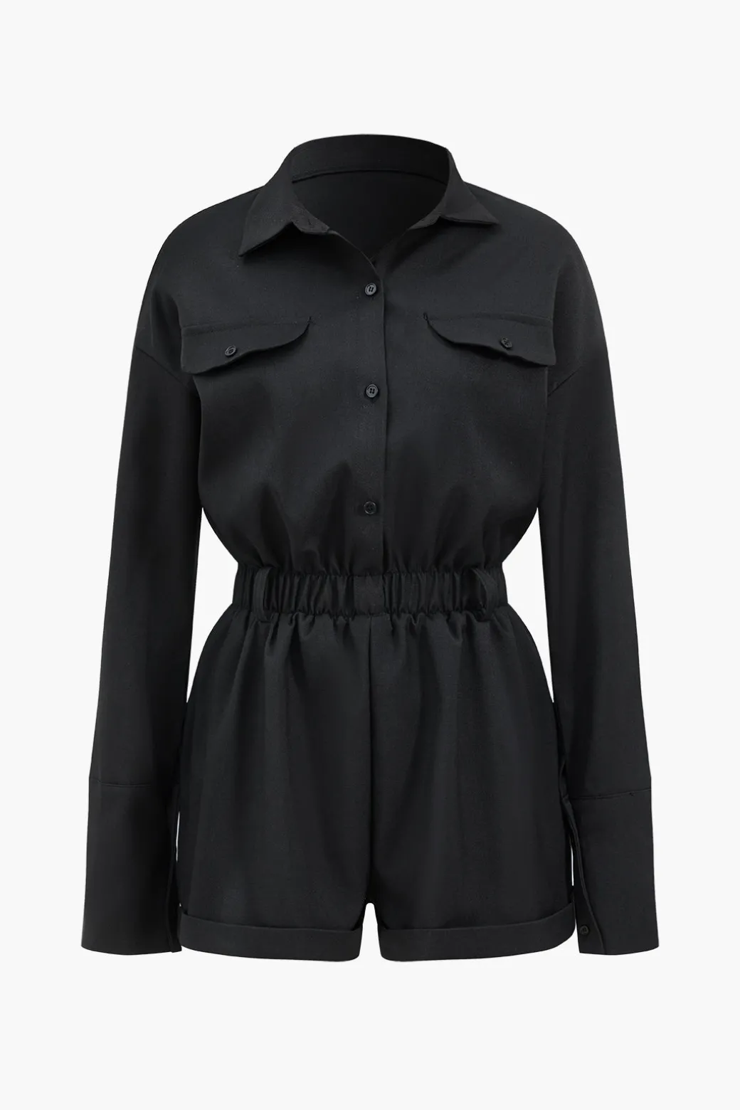 Basic Button-Front Pocket Long Sleeve Romper