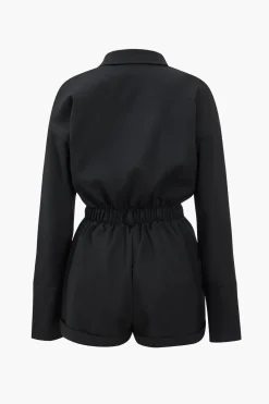 Basic Button-Front Pocket Long Sleeve Romper