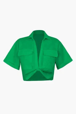 Basic Flap Pocket Twist Hem Shirt