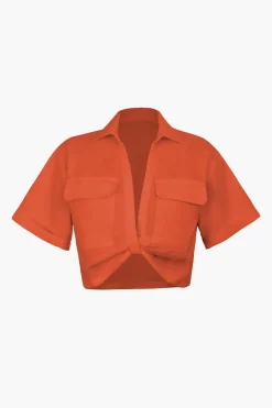Basic Flap Pocket Twist Hem Shirt