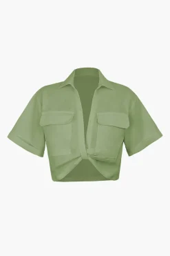 Basic Flap Pocket Twist Hem Shirt