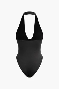 Basic Halter Neck Deep V Neck Sleeveless Bodysuit