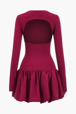 Basic Long Sleeve Cut Out Puff Hem Mini Dress