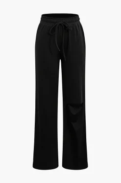 Basic Round Neck Sleeveless Bodysuit And Ripped Drawstring Straight Leg Pants Set