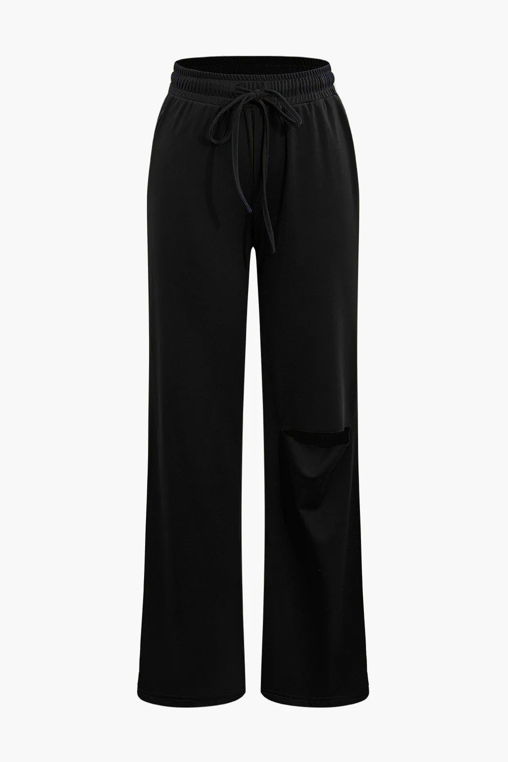 Basic Round Neck Sleeveless Bodysuit And Ripped Drawstring Straight Leg Pants Set
