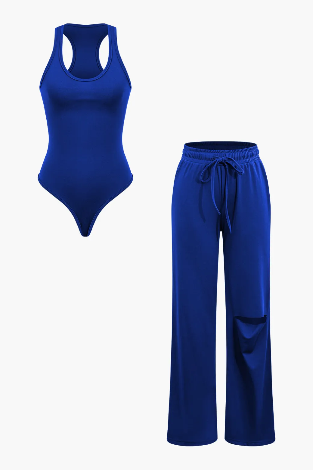 Basic Round Neck Sleeveless Bodysuit And Ripped Drawstring Straight Leg Pants Set