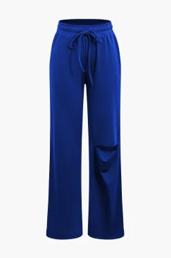 Basic Round Neck Sleeveless Bodysuit And Ripped Drawstring Straight Leg Pants Set