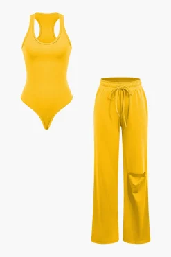 Basic Round Neck Sleeveless Bodysuit And Ripped Drawstring Straight Leg Pants Set