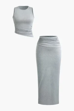 Basic Ruched Sleeveless Top And Slit Maxi Skirt Set