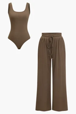 Basic Solid Bodysuit And Trouser Set
