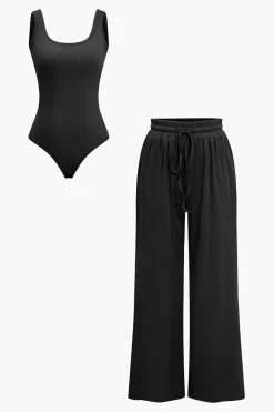 Basic Solid Bodysuit And Trouser Set