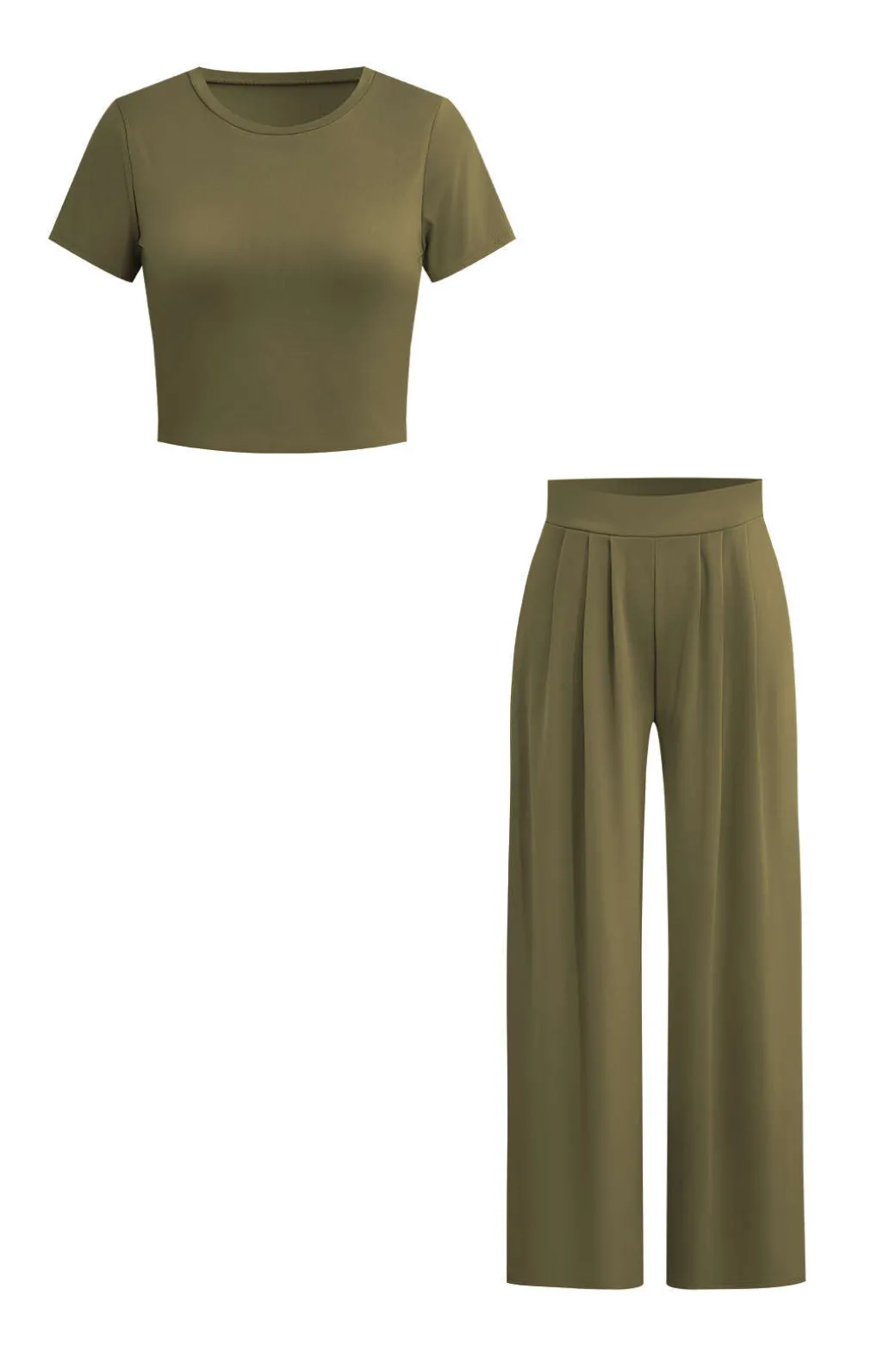 Basic Solid Crop T-shirt And Pleated High Waist Wide Leg Pants Set