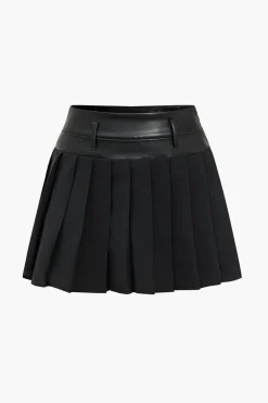 Basic Solid Faux Leather Pleated Mini Skirt