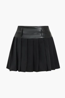 Basic Solid Faux Leather Pleated Mini Skirt
