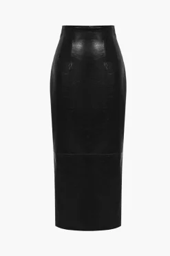 Basic Solid Faux Leather Midi Skirt