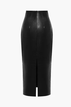 Basic Solid Faux Leather Midi Skirt