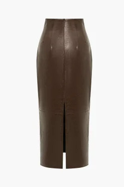 Basic Solid Faux Leather Midi Skirt