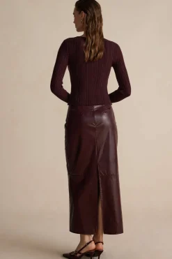 Basic Solid Faux Leather Midi Skirt