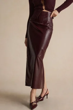 Basic Solid Faux Leather Midi Skirt