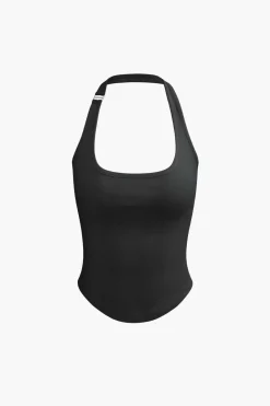 Basic Solid Halter Curved Hem Tank Top