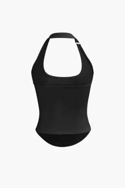 Basic Solid Halter Curved Hem Tank Top