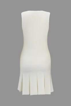 Basic Solid Knit Button Decoration Pleated Dress