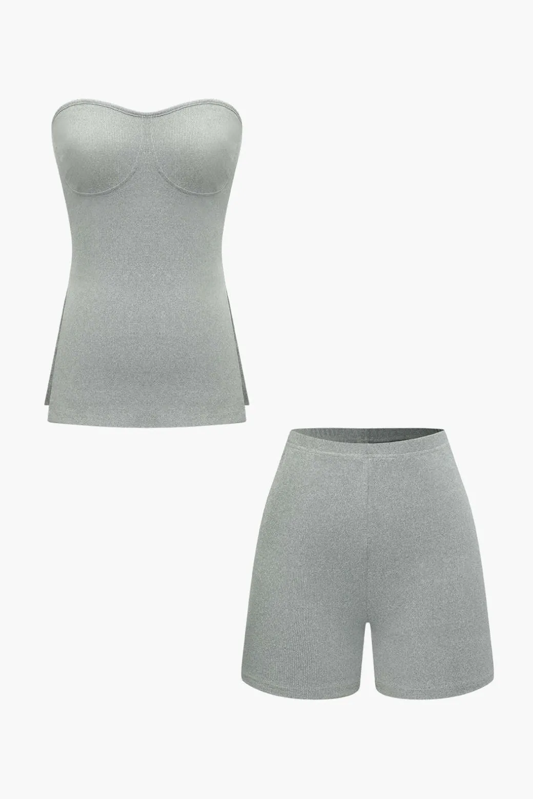 Basic Solid Knit Split Strapless Top And Shorts Set