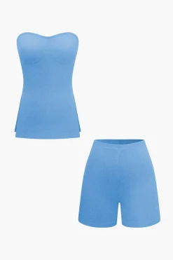 Basic Solid Knit Split Strapless Top And Shorts Set