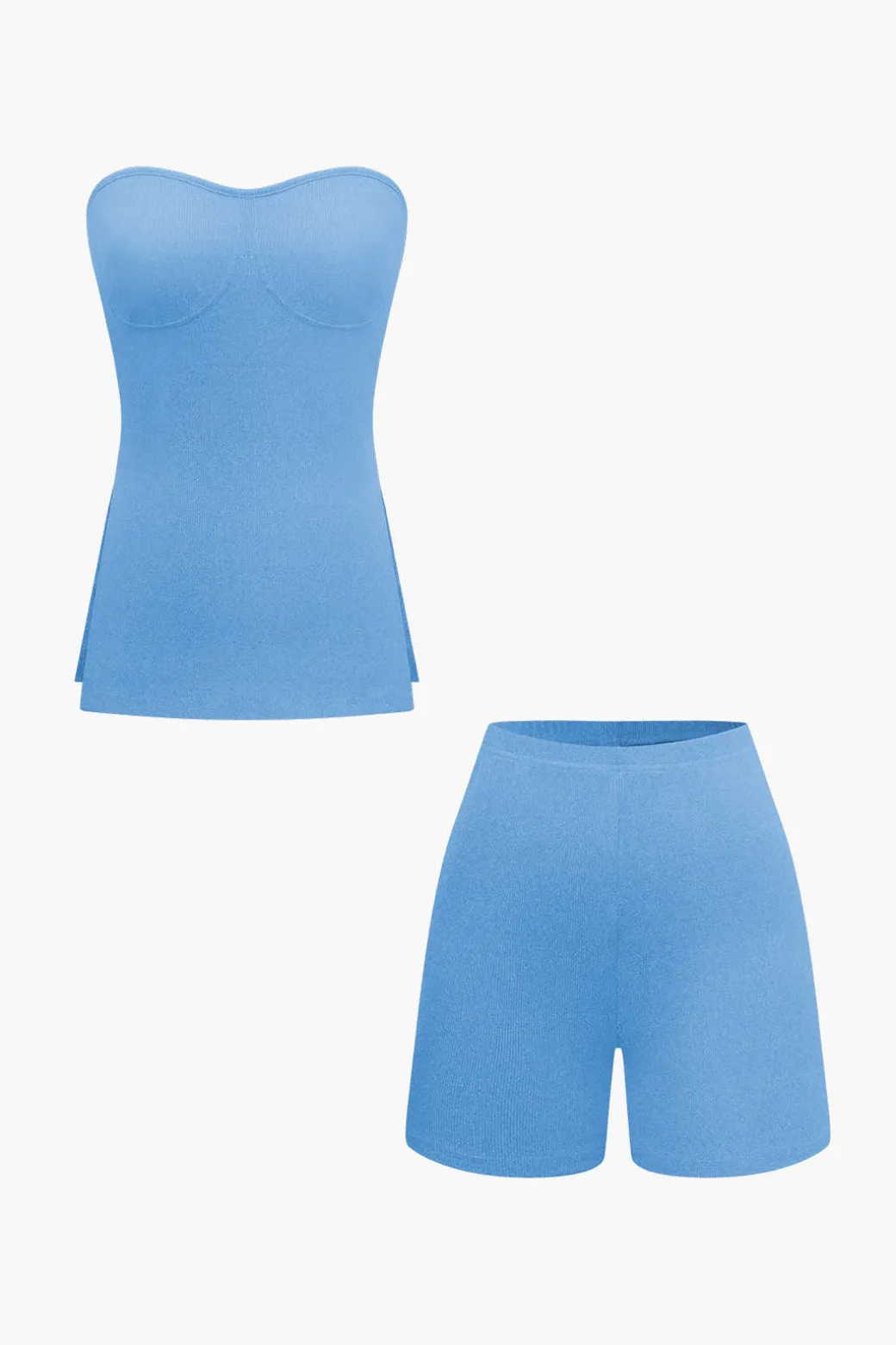 Basic Solid Knit Split Strapless Top And Shorts Set