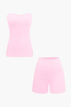 Basic Solid Knit Split Strapless Top And Shorts Set