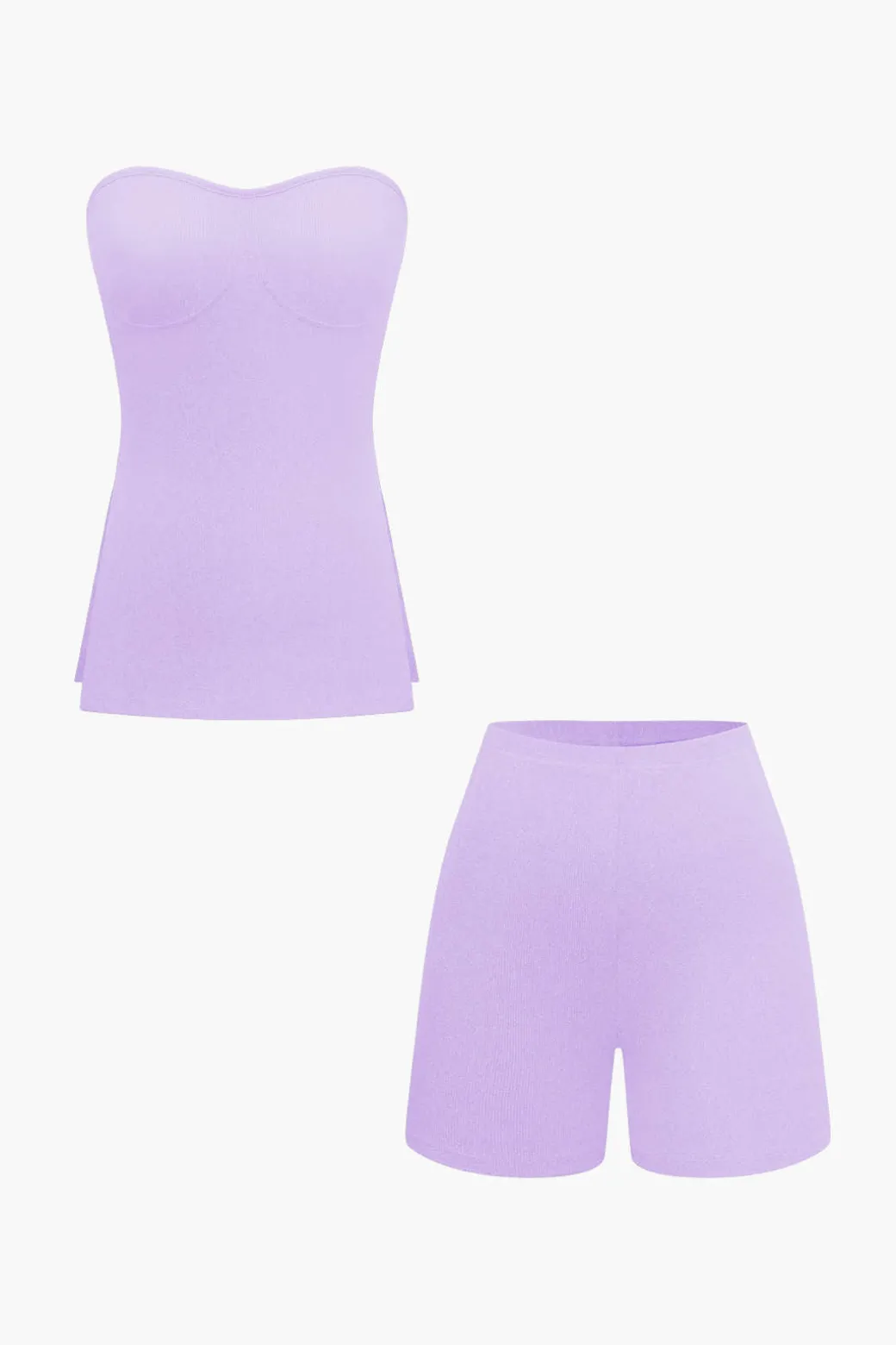 Basic Solid Knit Split Strapless Top And Shorts Set