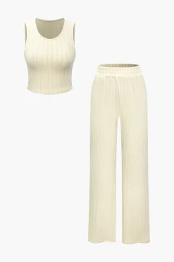 Basic Solid Knit Tank Top And High Waist Pants Set