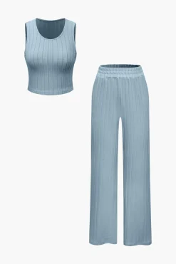 Basic Solid Knit Tank Top And High Waist Pants Set