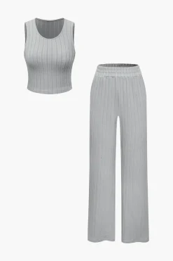 Basic Solid Knit Tank Top And High Waist Pants Set